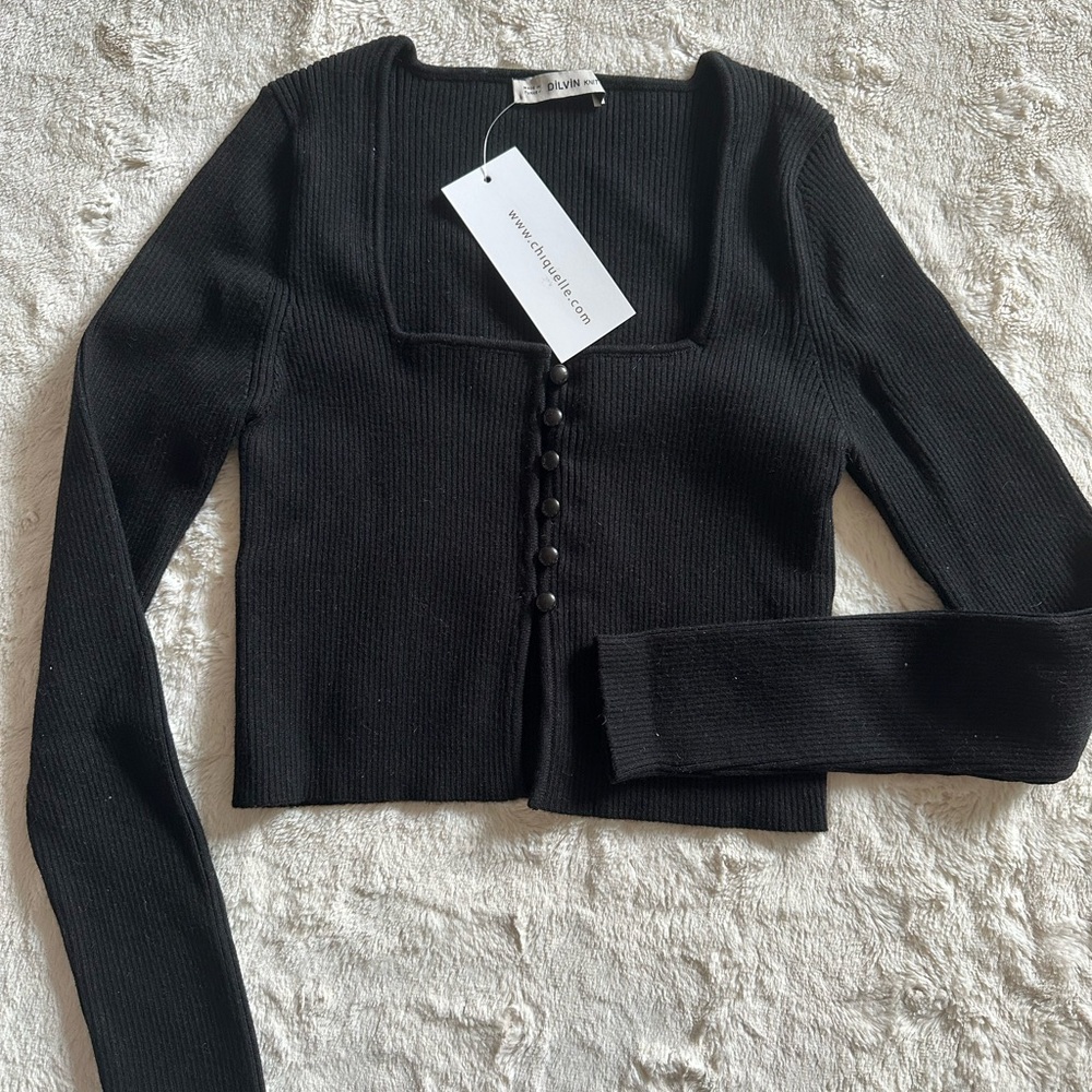 Dilvin Black Ribbed Knit Cardigan